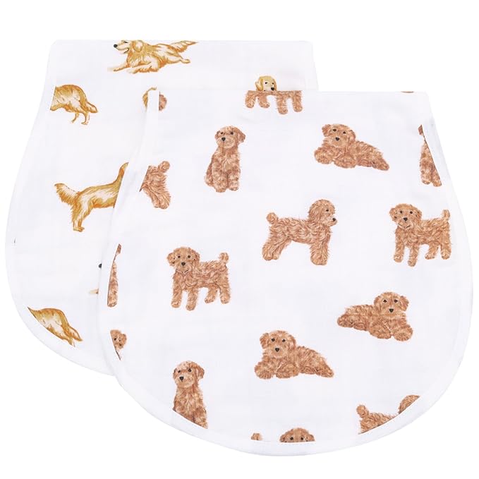 LifeTree Muslin Baby Burp Cloths - 2 Pack 70% Viscose from Bamboo and 30% Cotton Large 22'' by 10'' Absorbent Milk Spit Up Rags - Burping Cloths for Newborn, Girls Boys, GoldenRetriever & PoodleDog