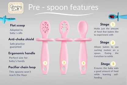 Growing Love Baby Spoons Set, Self Feeding 6 months, Pre-Spoon, Baby utensils, Toddler spoon, training spoon, cuchara bebe, blw, 100% silicone, Anti choke shield (pink)