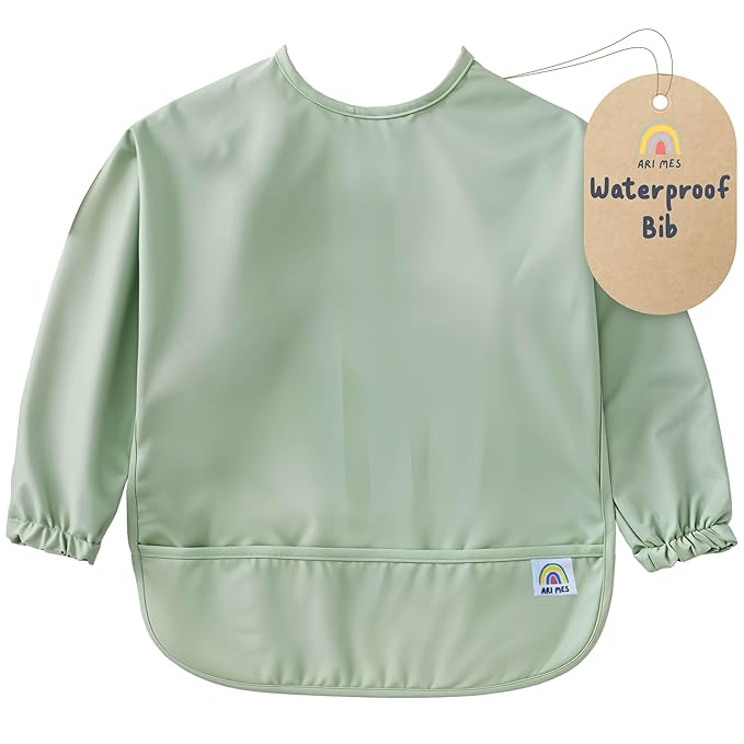 ARI MES Long Sleeves Waterproof Baby Bibs for Eating - Green, Large- Wearable, Coverall for Toddler, Long Sleeve Bib, Smock Apron for Feeding - Applicable for 6-72 Months