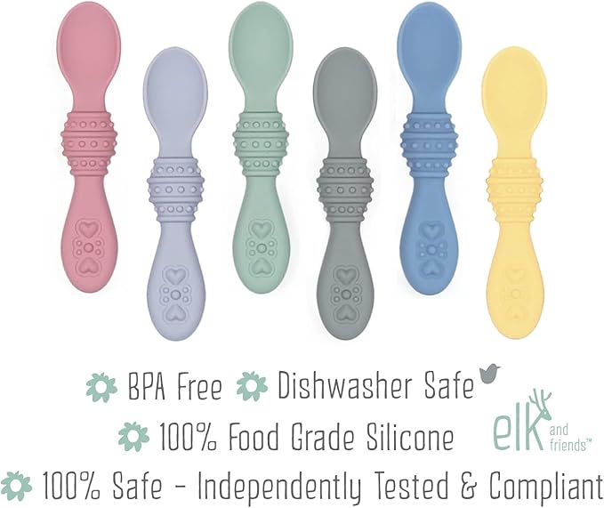 Elk and Friends Silicone Baby Spoons | Travel Case Included | First Stage Infant Toddler Spoon | Baby Led Weaning Stage | Dishwasher Safe