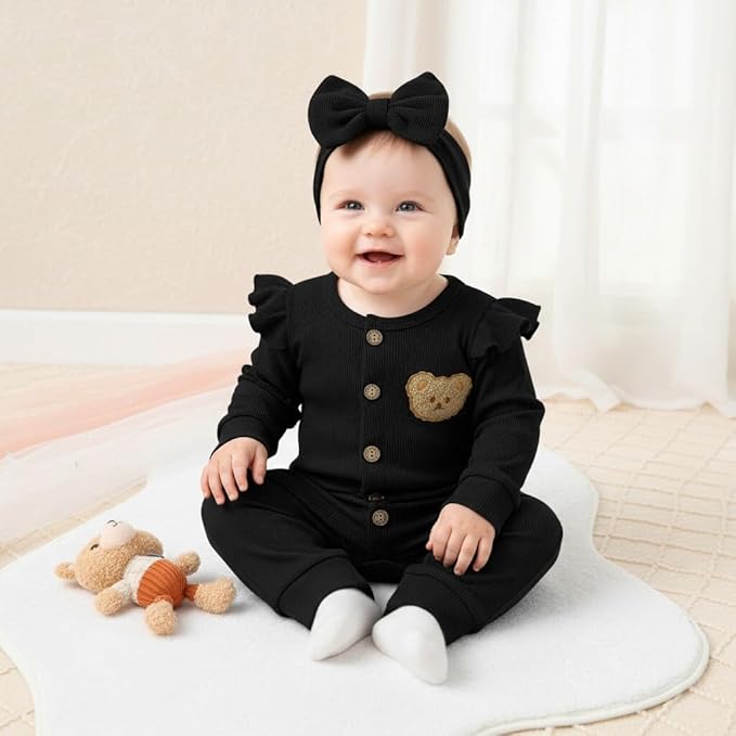 Newborn Baby Girl Cute Bear Ruffle Long Sleeve Jumpsuit Ribbed Bodysuit One-Piece Button Romper with Headband 0-18M