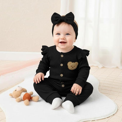 Newborn Baby Girl Cute Bear Ruffle Long Sleeve Jumpsuit Ribbed Bodysuit One-Piece Button Romper with Headband 0-18M