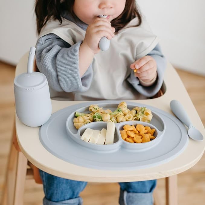 ezpz Mini Utensils - 12 Months+ (Fork & Spoon in Pewter) - 100% BPA Free Fork and Spoon - Toddler Utensils - Designed by a Pediatric Feeding Specialist