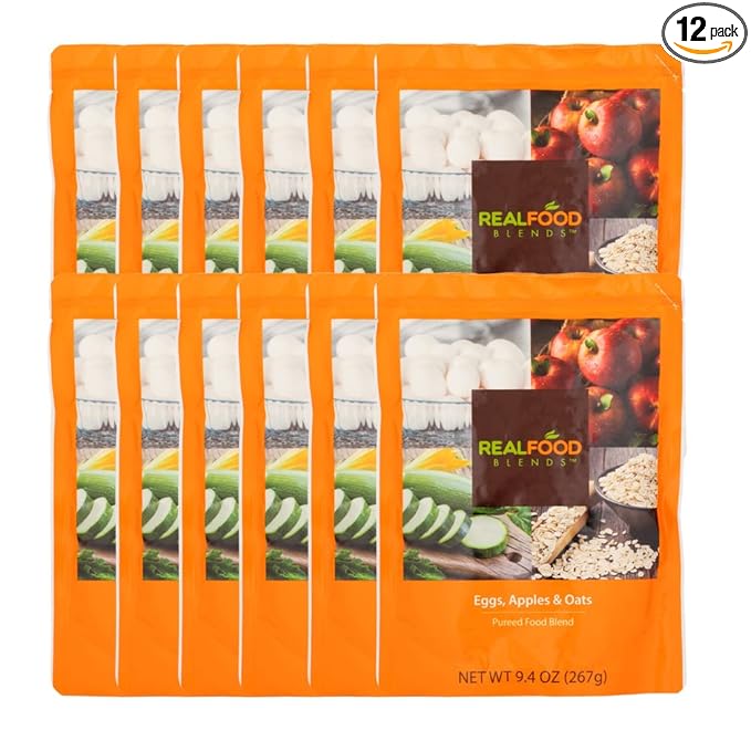 Real Food Blends Eggs, Apples & Oats - Pureed Food Meals for Tube Feeding with Protein, Vegetables & Fruits - 320 Calories for Breakfast, Lunch & Dinner - 9.4 oz (Pack of 12)