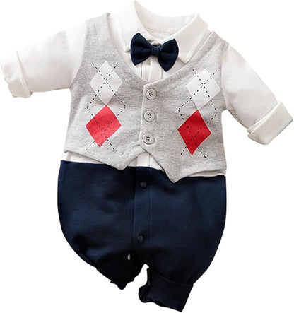 HUAANIUE Newborn Baby Boys Gentleman Romper One Piece Long Sleeve Bowtie Outfit Formal Wear Tuxedo Suit