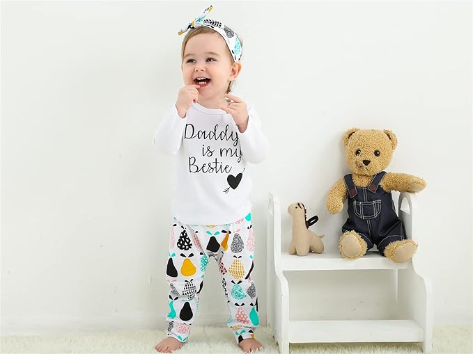 KuKitty 3Pcs Baby Girl Outfits Set Long Sleeve T-Shirt Tops Flowers Pants with Headband