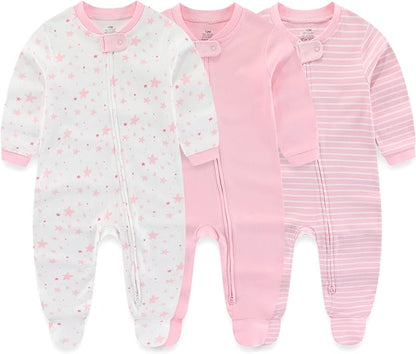 Newborn Baby Boy Girls Clothes 2-Way Zip Footed Cotton Bodysuit 3-Pack Long Sleeve Outfits 0-12Months Baby Pajamas