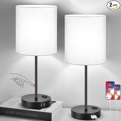 Lynnoland Set of 2 Touch Control Table Lamps with 2 USB & AC Outlet, 3-Way Dimmable Bedside Nightstand Lamps for Bedroom Living Room Nursery, 800 Lumens 5000K Daylight Bulbs Included