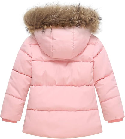 Kids Girls Winter Fleece Lined Puffer Jackets Fur Collar Hooded Parka Snow Coats