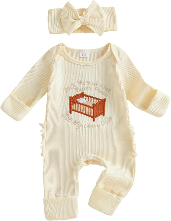 allshope Infant Baby Girl Fall Outfit Romper Ribbed Embroidery Onesie Jumpsuit Long Sleeve Bodysuit Cute Newborn Clothes
