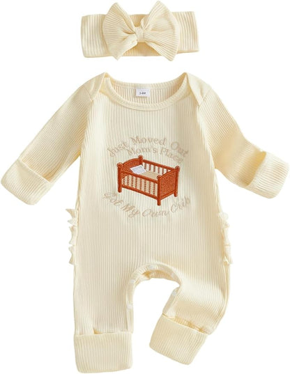 allshope Infant Baby Girl Fall Outfit Romper Ribbed Embroidery Onesie Jumpsuit Long Sleeve Bodysuit Cute Newborn Clothes