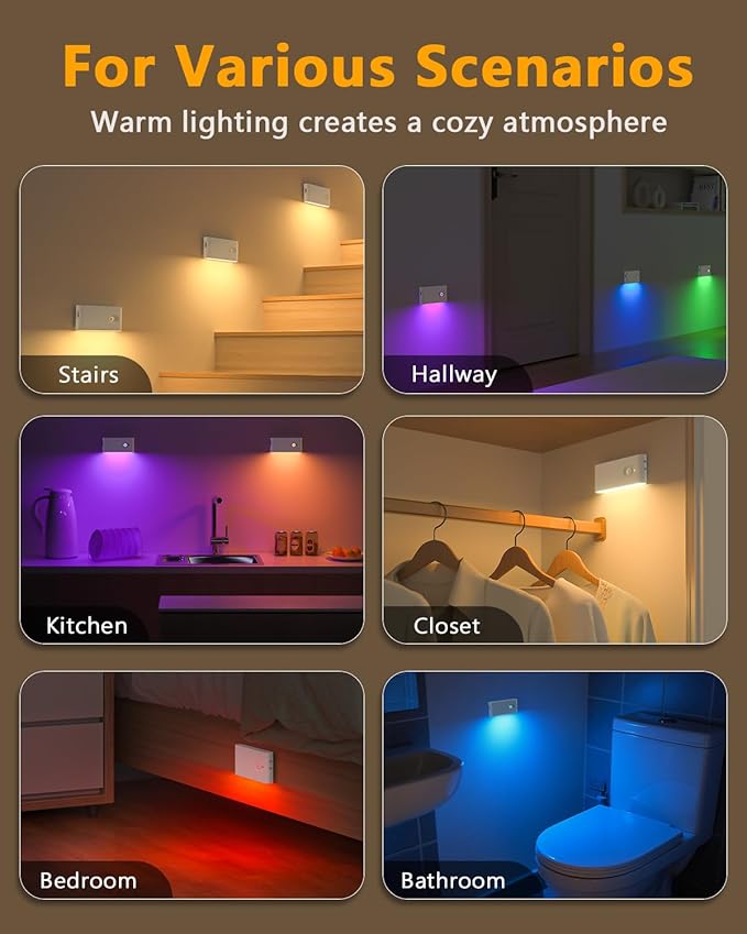 WILLED Motion Sensor Lights Indoor,RGB & Warm White Motion Sensor Night Light,Wireless Color Changing Stair Lights Indoor for Kids' Room,Stair,Bathroom,Hallway,Kitchen,Bedroom,Closet,Cabinet 8PC
