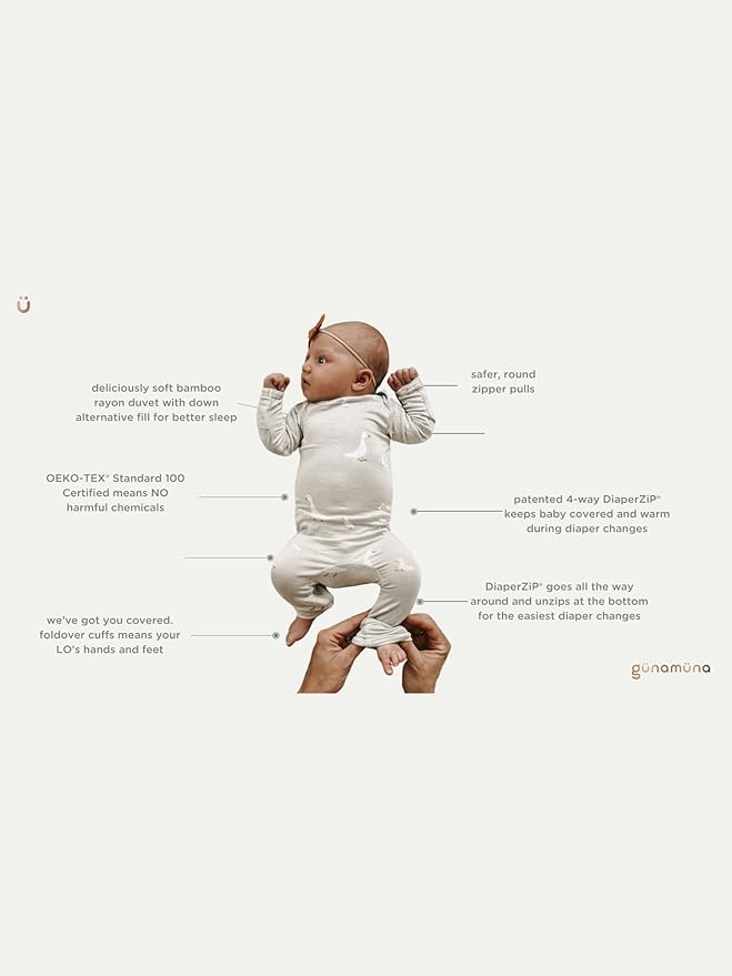 GUNAMUNA Convertible Baby Footie Pajamas, 2-in-1 Romper with Diaper-ZiP, Fold-Over Mittens & Cuffs