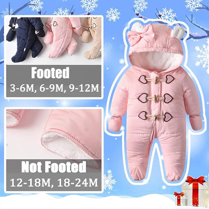 Baby Winter Snowsuit Warm Hooded Coat Onesie Romper Jumpsuit with Footed Gloves for Boys Girls 3-24 Months