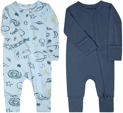 Teach Leanbh Baby Boys Girls 2 Pack Bamboo Viscose Pajamas with Mitten Cuffs 2 Way Zipper Long Sleeve Romper Sleep and Play