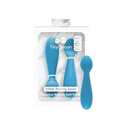 ezpz Tiny Spoon (2 Pack in Blue) - 6 Months+ - 100% Silicone Spoon for Baby Led Weaning + Purees - Designed by a Pediatric Feeding Specialist - Shower Essentials & Gifts