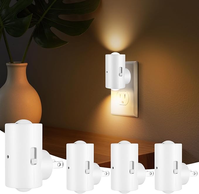 4 Pack LED Night Light, Dimmable Plug-in Wall Nite Light with Dusk to Dawn Auto On/Off, 180° Rotating Head, 2700K Warm White, 0-200 LM for Nursery, Hallway, Bathroom