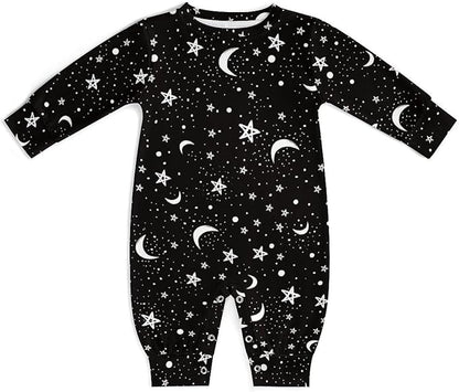 Black White Moon And Star Pattern Baby Romper Long Sleeve Onesie Button Jumpsuit Baby Clothes Unisex