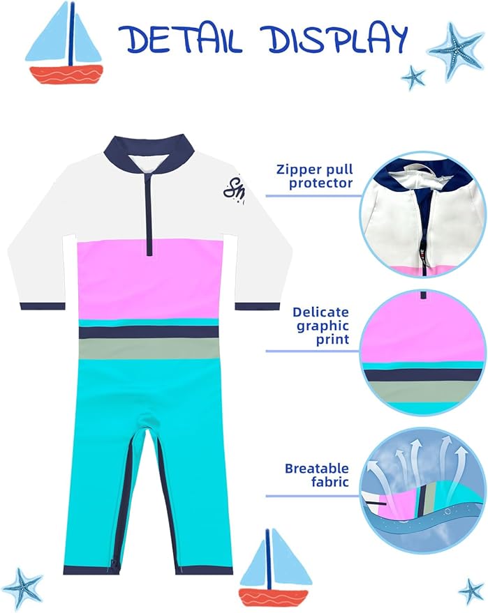 weVSwe Baby Toddler UPF 50+ Sun Protection Rash Guard Long Sleeve Swimsuit with Crotch Zipper