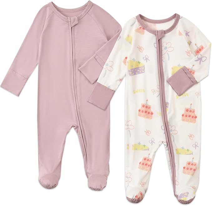 Baby Footed Pajamas with Mittens Rayon from Bamboo 2pcs Newborn Infant 2-way Zipper Pjs Cute Sleeper Outfit