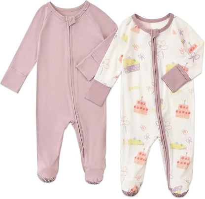 Baby Footed Pajamas with Mittens Rayon from Bamboo 2pcs Newborn Infant 2-way Zipper Pjs Cute Sleeper Outfit