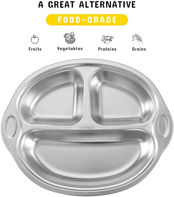 Stainless Steel Baby Suction Plates: Divided Plates for Babies and Toddlers, Made of 100% Food-Grade Materials Ideal for Baby-Led Weaning BPA-Free Toddler Feeding Dishwasher Safe Yellow