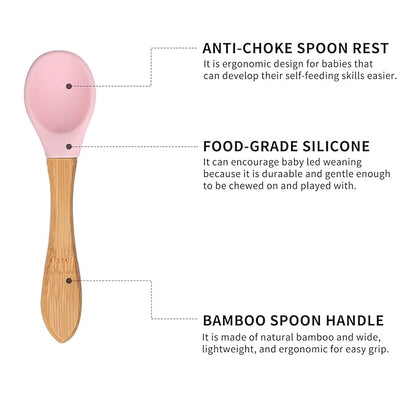Toddler Bamboo Plates, Bowls and Spoon Set, Wooden Feeding Utensils for Infant’s Easy Self Eating at 1 Stage, Stay Put Silicone Suction Plate and Bowl and Soup Spoon for Baby Led Weaning