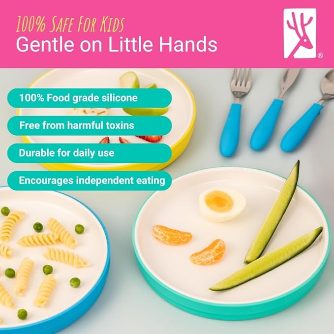 Elk and Friends Kids 7.8” Porcelain White Plates with Silicone Sleeves | Suitable for Babies/Toddlers | Microwave & Dishwasher Safe | Non Slip Dinnerware | Snack Dishes | 4 Pack