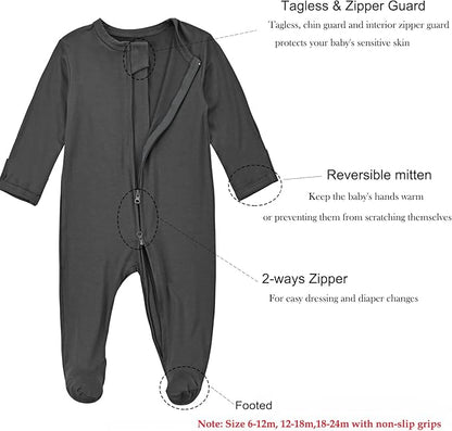 Aablexema Baby Zipper Pajamas Bamboo Rayon, 3pcs Unisex Infant Onesie with Mitten Long Sleeve Footed Pjs