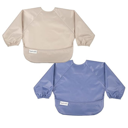 Tiny Twinkle Long Sleeve Bib for Babies & Toddlers | 2-Pack Waterproof Smock Bib for Eating | Machine Washable & Mess-Proof Feeding Essentials | Newborn Shower Gift (Periwinkle Putty,2-4Y)
