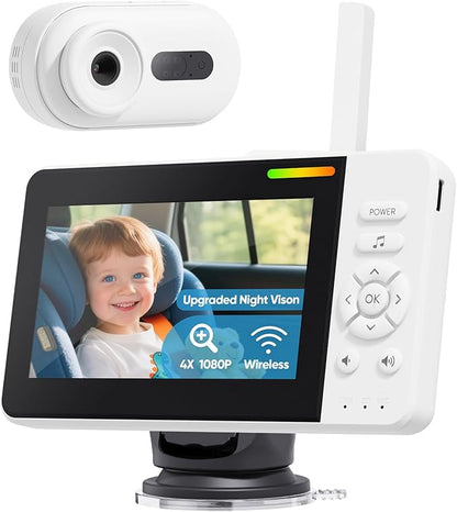 Wireless Baby Car Camera with Upgraded Auto Night Vision, 1080P HD Car Baby Monitor with 360° Adjustable, Easy Install Rear Facing Carseat Mirror, Newborns Travel Essentials Gifts - White