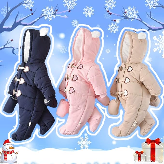 Baby Winter Snowsuit Warm Hooded Coat Onesie Romper Jumpsuit with Footed Gloves for Boys Girls 3-24 Months
