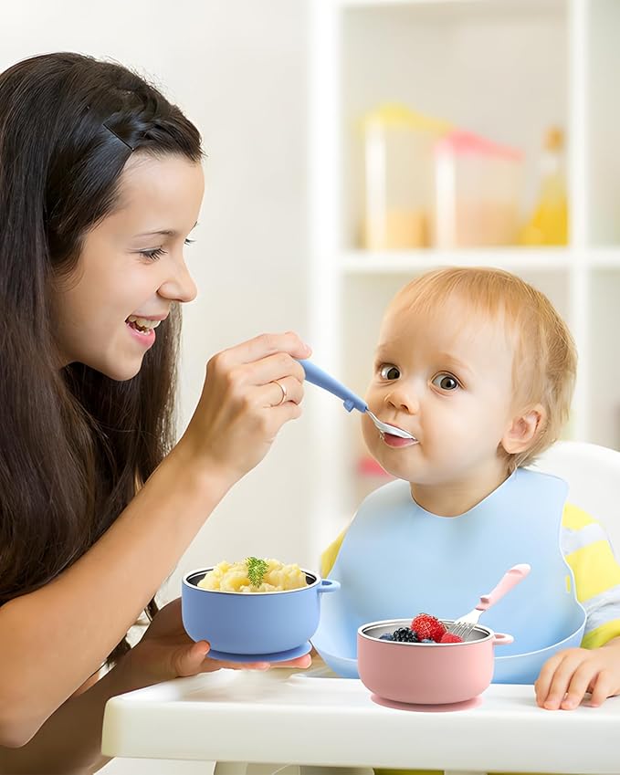 Suction Toddler Bowls and Feeding Utensils Set, 2-in-1 Stainless Steel 304 Kids Bowl & Silicone Suction Baby Bowl with Spoons and Forks, First Self-feeding Training Set, Unicorn Magic