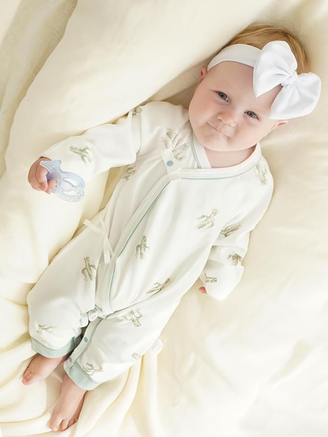 BINIDUCKLING Newborn Kimono Side Snap & Tie Wrap Over Long Sleeve Romper with Mitten Cuffs