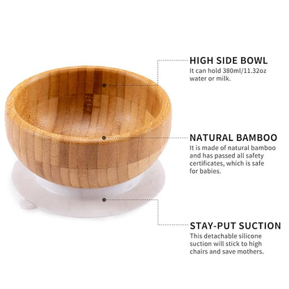 Baby Divided Bamboo Plates, Bowls with Suction and Matching Spoon Set, 3 Piece Feeding Supplies Set for Infant, Toddlers, Detachable Silicone Suction Stay Put Base for Wooden Bowl, Plate