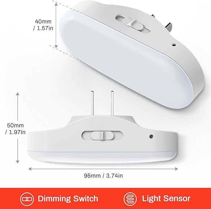 DORESshop Red Night Light, Auto On/Off, 0-100 LM Adjustable Brightness, Dimmable Plug Into Wall Light Sensor Night Light for Kids Room, Bedroom, Stair Lights, 1W, 2 Pack