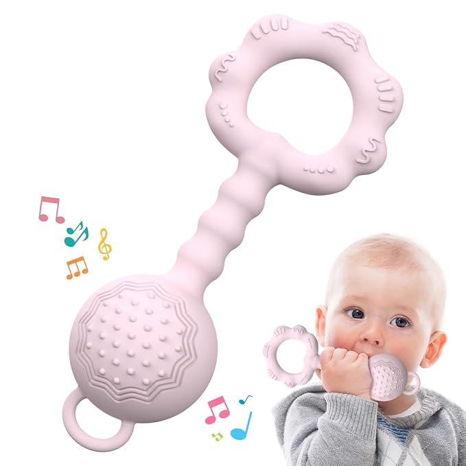 Teething Toys for Babies 6-12 Months, Baby Rattles 0-6 Months, 2-in-1 Rattle and Teether Toy for Soothing Sore Gums and Keeps Little Ones Entertained, Food Grade Silicone, Pink