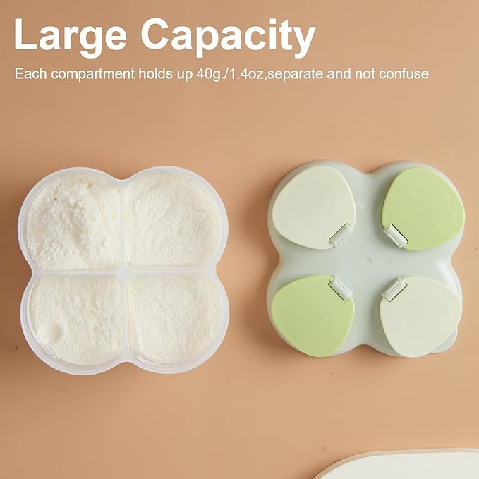 Formula Dispenser No-Spill with Four Compartment, Infant Milk Powder Dispenser Portable On The Go, Kids Snack Formula Containers for Travel Hold Outdoor, Green