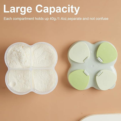 Formula Dispenser No-Spill with Four Compartment, Infant Milk Powder Dispenser Portable On The Go, Kids Snack Formula Containers for Travel Hold Outdoor, Green