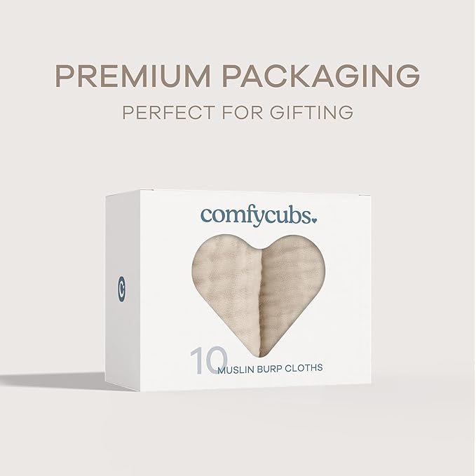 Comfy Cubs Muslin Burp Cloths 20" x 10", Pack of 10 - Large, 6-Layer, Ultra Absorbent 100% Cotton for Baby Drool and Messes - Soft, Safe & Gentle Baby Burp Cloths for Boys & Girls - Sand