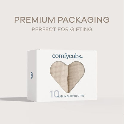 Comfy Cubs Muslin Burp Cloths 20" x 10", Pack of 10 - Large, 6-Layer, Ultra Absorbent 100% Cotton for Baby Drool and Messes - Soft, Safe & Gentle Baby Burp Cloths for Boys & Girls - Sand