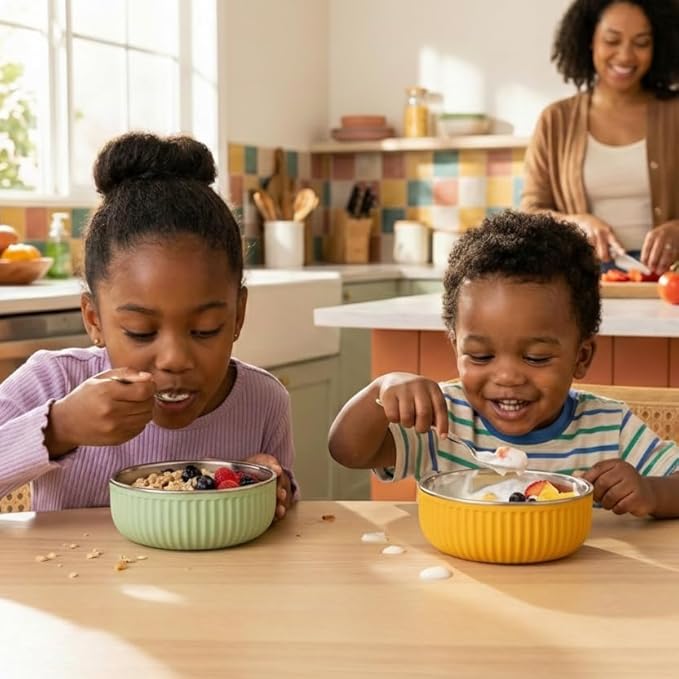 Monkey Proof™ Non-Toxic Stainless Steel Child Bowl 5” with Non-Slip Grooved Silicone Shell, (Set of 4 bowls) Unbreakable, Mess Free Feeding for Babies, Toddlers, Kids, BPA free (Garden Party Grooved)