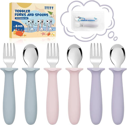 6 PCS Toddler Utensils Kids Silverware Set with Silicone Handle Children Food Grade 18/8 Stainless Steel Toddler Forks and Spoons Safe Anti-Choke Design Mirror Polished Sturdy Durable Dishwasher Safe