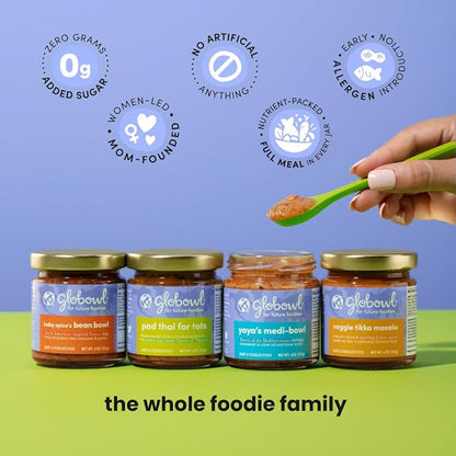 Globowl Stage 3 Baby Food & Toddler Meals, 6+ Months Early Allergen Introduction, Baby Led Weaning, International Whole Food Snacks for Toddlers, Babies, 4 oz Glass Jar, Variety 4-Pack