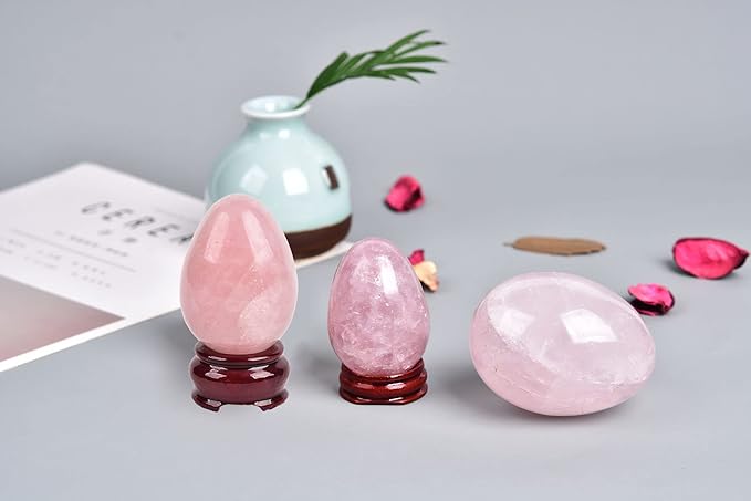 AMOYSTONE Decorative Rose Quartz Egg Sphere Carved with Base Healing Crystal Home Decors Easter Egg Height 2.3-2.5"