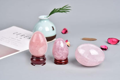 AMOYSTONE Decorative Rose Quartz Egg Sphere Carved with Base Healing Crystal Home Decors Easter Egg Height 2.3-2.5"