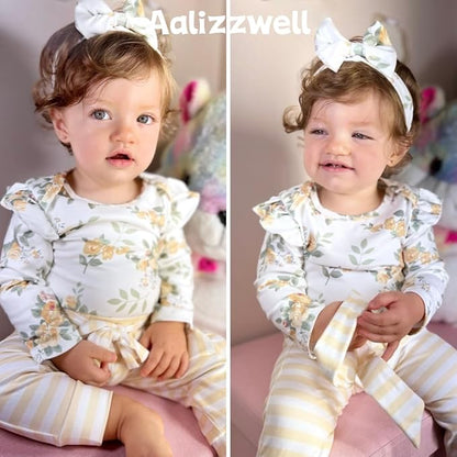Aalizzwell Preemie Newborn Infant Baby Girls Clothes Ribbed Romper Bodysuit Pants Set Fall Winter Outfits