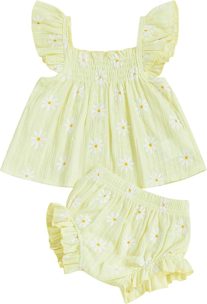 Mubineo Baby Girl Summer Clothes Cute Ruffle Tops Dress Shorts Outfits Set Infant Toddler Shrit Bloomers Princess Outfit