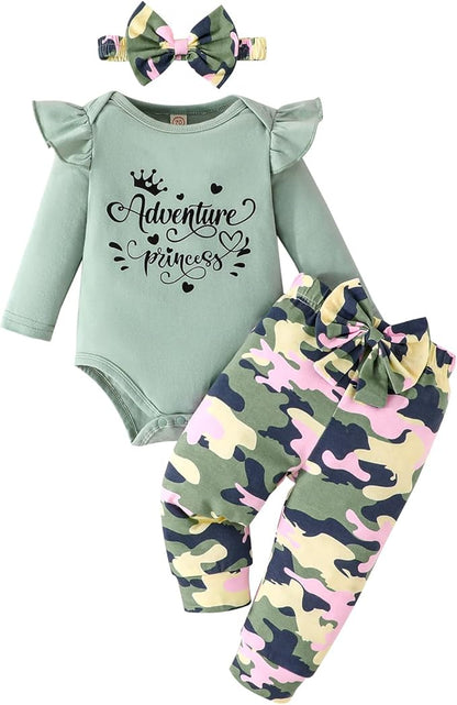GDTOGRT Newborn Baby Girl Clothes Outfit Set Sweet Ruffle Romper, Pants and Headband 0 3 6 9 12 18 Months Infant Clothing
