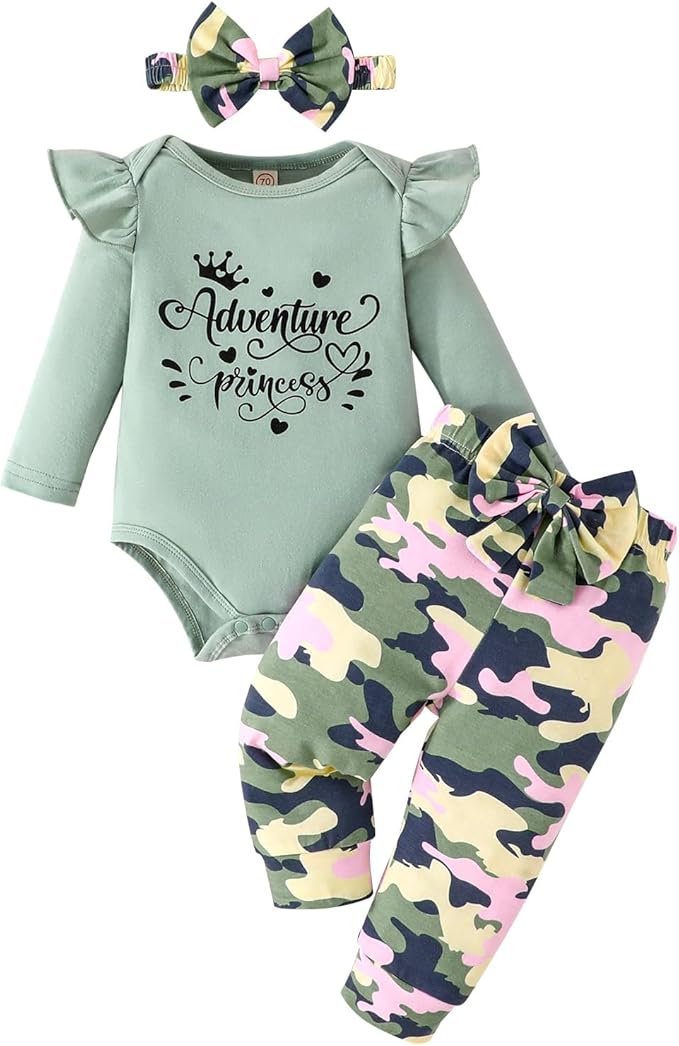 GDTOGRT Newborn Baby Girl Clothes Outfit Set Sweet Ruffle Romper, Pants and Headband 0 3 6 9 12 18 Months Infant Clothing